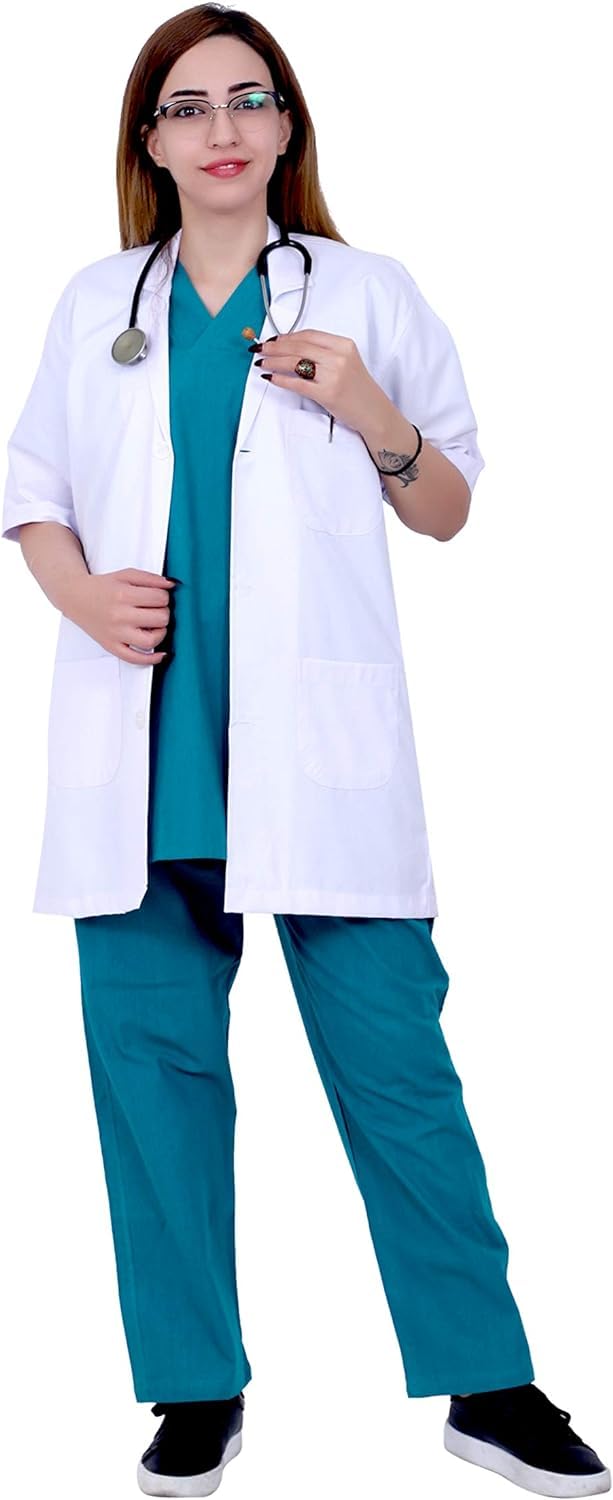 atootfusion Professional Lab Coat for Men and Women | Wrinkle Resistant Poly Cotton Unisex Half Sleeves, 3 Pockets, Classic Fit | Doctor Laboratory Coat | White (Large)-picture-23