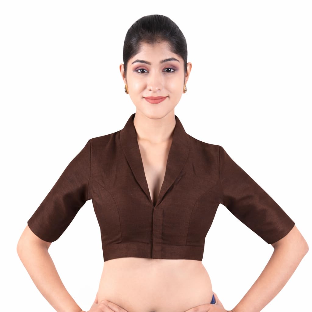 india blouse Women’s Solid Collar Neck Readymade Saree Blouse | Front Open Non Padded | Half Sleeve Art Silk Blouse-picture-32