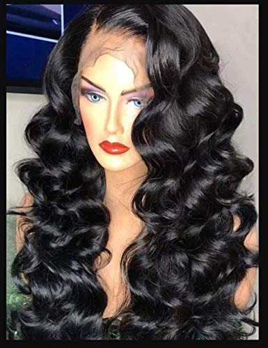 Msthoo Black Lace Front Wigs for Women Long Curly Wavy Synthetic Hair Wig Wave Replacement Half Hand Tied Heat Resistant Fiber 24 inches
