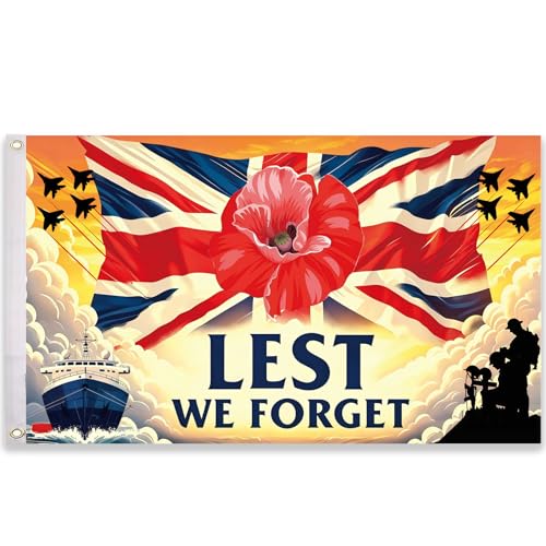 Mtjkkpo Remembrance Day Flag 5ft x 3ft Lest We Forget Flag with 2 Eyelets for War Heroes Soldiers Armed Forces Remembrance Day Decorations Indoor & Outdoor Use
