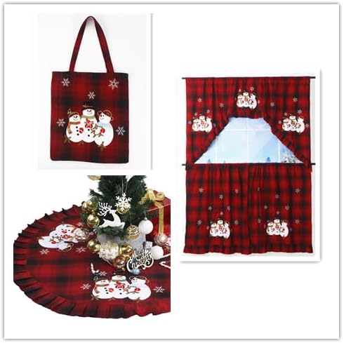 Miniatura 6 de GRANDDECO Camino de mesa navideño, cuadros rojos y negros con bordado floral de muñeco de nieve de Navidad, decoración de mesa para el hogar,