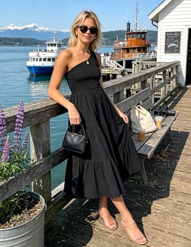 Image of ZESICA Women's 2026 Bohemian Summer Floral Print One Shoulder Sleeveless Smocked Ruffle Tiered Beach Long Midi Dress