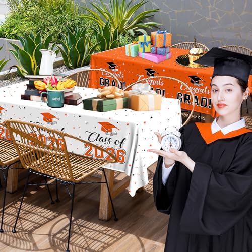 Image of 2026 Graduation Decorations,Congrats Grad Tablecloth 2pcs White Orange Class of 2026 Table Covers Rectangle for Graduation Party Supplies,108x54inch (Orange)