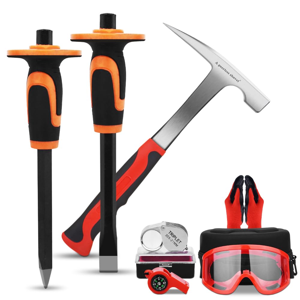 A peerless shovel 8 PCS Geology Rock Pick Equipment Kit,21oz Hammer and 2 Rock Digging chisels with Protective Caps,Digging Chisel Set,Gold mining and