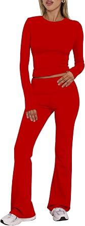 BORIFLORS Womens Workout 2 Piece Lounge Sets Long Sleeve Tops Foldover Flare Pants Casual Outfits Tracksuit
