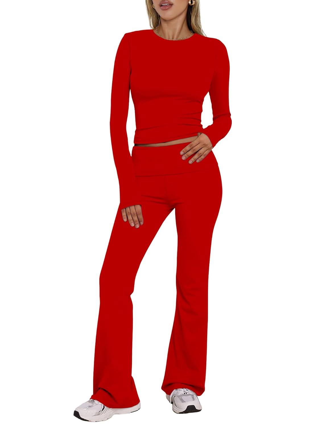 BORIFLORS Womens Workout 2 Piece Lounge Sets Long Sleeve Tops Foldover Flare Pants Casual Outfits Tracksuit
