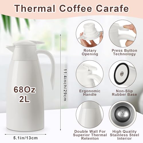 Image of Norme 2 Pcs Thermal Coffee Carafe Insulated Stainless Steel Coffee Carafe for Hot Liquid Vacuum Thermal Pot Creamer Pitcher Dispenser with Brushes Keeping Hot Water Milk(Beige,68 oz)