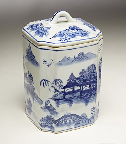 Zeckos AA Importing 59792 Blue And White Square Ceramic Jar With Lid