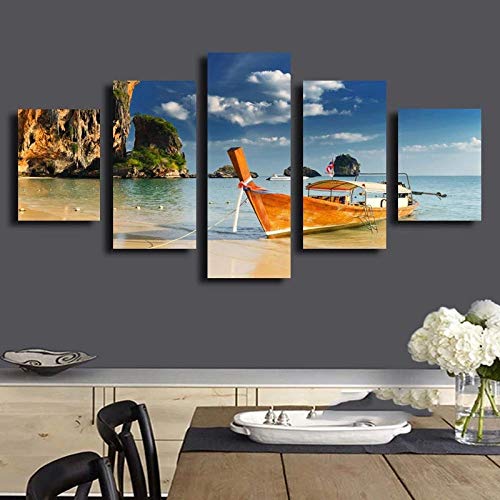 Tableau triptyque mer : déco salon moderne 5 pièces en toile intissée