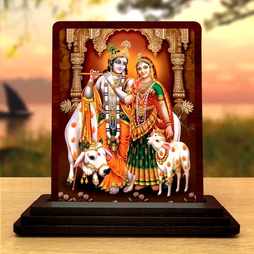 Image of Radha Krishna Wooden Idol - Glossy Finish /Size 7.5x10 cm - Showpiece for Living Room Figurine for House Warming Ceremony