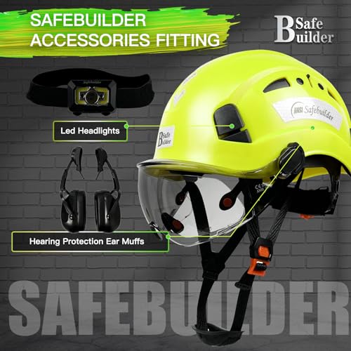 SAFEBUILDER Safety Helmet Hard Hat with Visor Adjustable Lightweight Vented Work Helmet for Men ANSI Z89.1 Approved Industrial & Construction (Fluorescent Green Helmet with Clear & Tinted Visor)