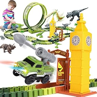 Dinosaur Toys for Boys Race Track,147 PCS Flexible Dinosaur Track For Kids,Includes 10 PCS Dinosaur Figures,Electric Cars w/ Launcher, Train Track Playset for 3 4 5 6 Year & Up Old Boy Girls