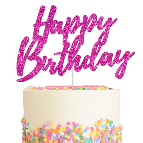 BEISHIDA Happy Birthday Cake Topper - Hot Pink Glitter, Perfect for Girl's Women's Birthday Parties, Reusable Keepsake
