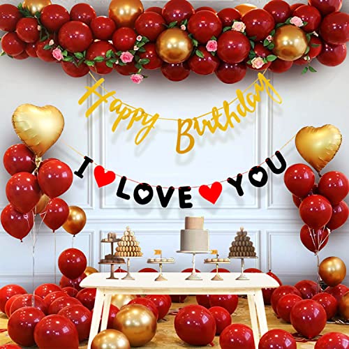 Party Propz Red Birthday Decorations - Pack of 45 Happy Birthday Decorations Kit | Red and Gold Balloons | I Love You Decorations | Red and Gold Balloon Garland Kit | Red and Gold Birthday Decorations