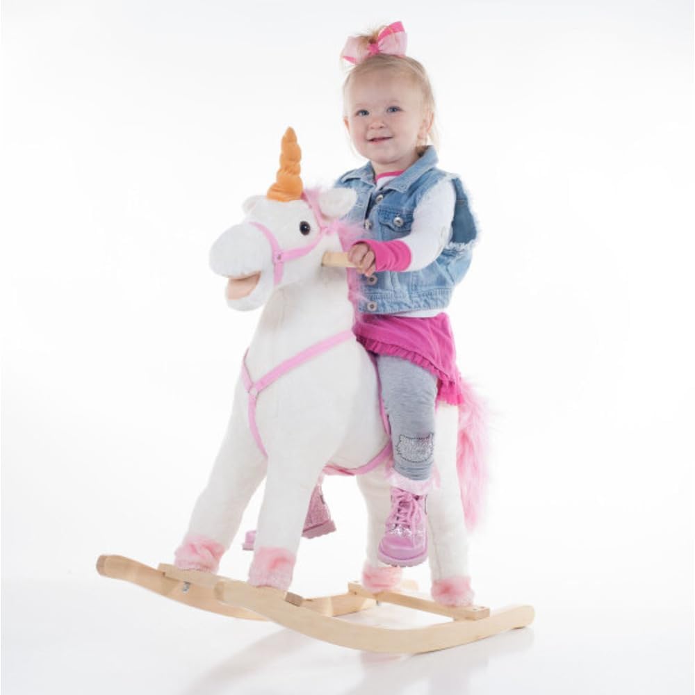 Happy Trails Unicorn Rocking Horse, White/Pink, 28.5” x 11” x 30” | Soft and Plush Ride-On Unicorn with Sturdy Wooden Base, Hand-Crafted Toy Rocker for Toddlers Ages 3 and Up
