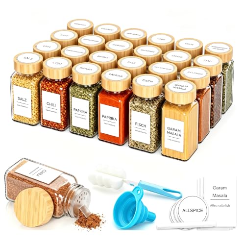 DIFULI 24 Gewürzgläser Eckig Set mit Deckel, 120ml Gewürzdosen mit 340 Etiketten, Gewürzstreuer Spice Jars Gewürzbehälter mit Trichter mit… – Ansicht 1