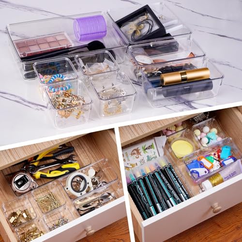 Image of Clear Plastic Drawer Organizers Set, 4-Size Versatile Bathroom and Vanity Drawer Organizer Trays, Storage Bins for Makeup, Bedroom, Kitchen Gadgets Utensils and Office (8 PC SET)