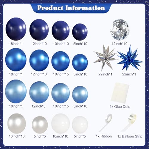 Blue White Silver Balloon Garland Arch Kit, 140Pcs Navy Light Metallic Blue Silver White Confetti Balloons With Stars for Birthday Wedding Birdal Shower Graduation Fathers Day Party Decorations - Image 5