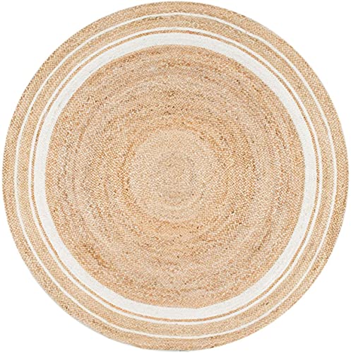 Image of Jute Braided Natural Rug Hand Woven & Reversible for Living Room Kitchen Entryway Rug, Jute Burlap Braided Rag Rug, Farmhouse Rag Rug, Rustic Rug (Whitejute, 180cm)