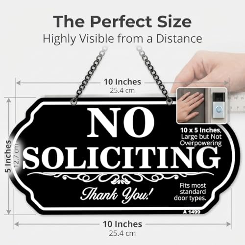 Image of No Soliciting Sign for Front Door, 10 x 5 Inch Aluminum No Soliciting Hanging Sign, Weatherproof Outdoor No Solicitors Sign with Chain, UV Printed Rust-Free Sign for Home, Office, Porch, Yard