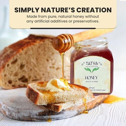 Image of Raw Multi Flora Honey 300g | Glass Jar | Free Wooden Dipper | NMR Tested & Pure | Unprocessed & Unpasteurized | Healthy Sugar Alternative | Shivalik Hills | Tatva Healthcare