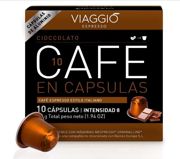 Viaggio Espresso Chocolate Coffee Capsules | 100% Arabica, Medium Roast, Compatible Aluminium Pods | Fresh Grounded Coffee from Spain | Pack of 10 Pods (55g)