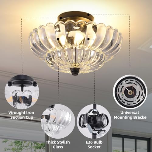 Image of Semi Flush Mount Ceiling Light, 11.8 Inch Black Vintage Hallway Light Fixture with Transparent Glass, Close to Ceiling Light for Bedroom Kitchen Living Room Bathroom Foyer, E26 Base