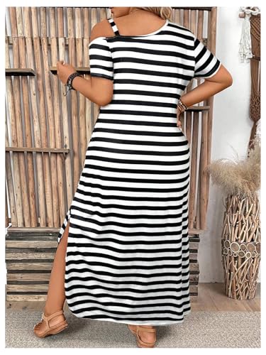 Image of Verdusa Women's Plus Size Off The Shoulder Maxi Dress Striped T Shirt Dresses with Pockets Summer Vacation Outfits