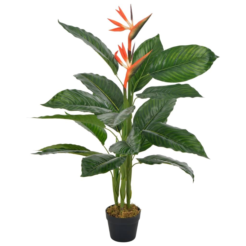 Künstliche Pflanze Strelitzia mit Topf Rot 100 cm, kunstpflanze, topfpflanze, deko zimmerpflanze, Blatt bluete, Wohnzimmer, büro, 18 Blätter, 2 Blüten, Kunststoff und Eisen