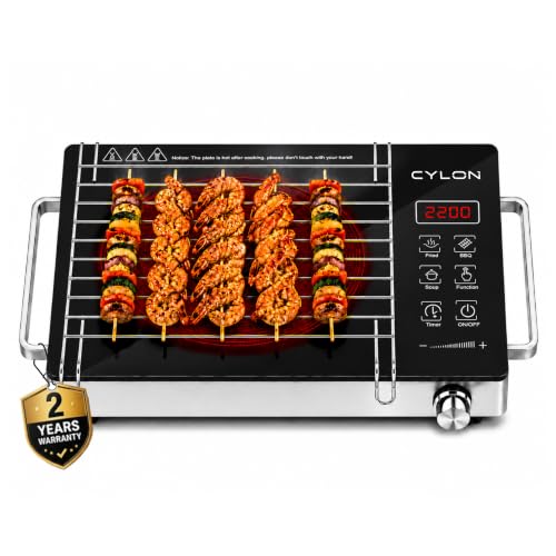 Image of CYLON InfraMate 2200W Infrared Cooktop Stove with Grill Rack, Crystal Glass Top, Digital Display, Touch Control, Compatible with All Cookware, Infrared Hot Plate, Black