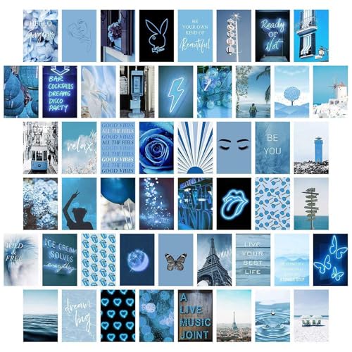 Ästhetisches Bild 50 Stück , Blau Wandcollage Kit Ästhetisches Bild für Wandcollage, Collage Print Kit Postkarte für Teenager-Mädchen Room Decor, Ästhetische Postkarte, Zimmer Schlafsaal Foto Display