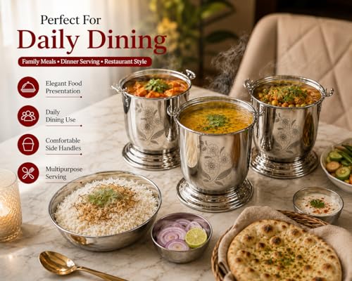 Image of Ajay's Shoppe Stainless Steel Mini Serving Bucket 450 ml (9.5 cm) | Dal Raita Serving Bowl | Restaurant Style, Heavy Gauge Mirror Finish