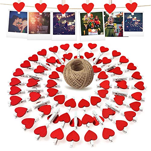 cersaty® 80Pcs Herzförmige Wäscheklammern , Hölzerne Fotoclips mit Retro 20m Juteschnur für DIY Fotos Clips Hochzeit Geschenk Craft Decor-2.5*0.3cm Cover