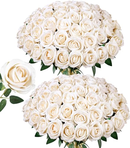Image of 50 PCS Champagne Roses Artificial Flowers, Fake Roses with Stem Realistic Silk Rose for DIY Wedding Bouquets Table Centerpieces Arrangements Baby Shower Birthday Home Decor Valentines Day Gift for Her