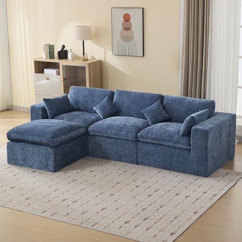 Image of 115''Cloud Boneless Sectional Couch, Modular Sectional Sofa Deep Seat with Ottoman, Oversized Upholstered Convertible Comfy 4 Seater Chenille Sofa L Shape Couches for Living Room, Blue