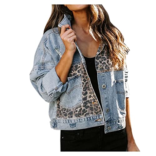 Veste en jean léopard boutonné avec manches longues et patchwork