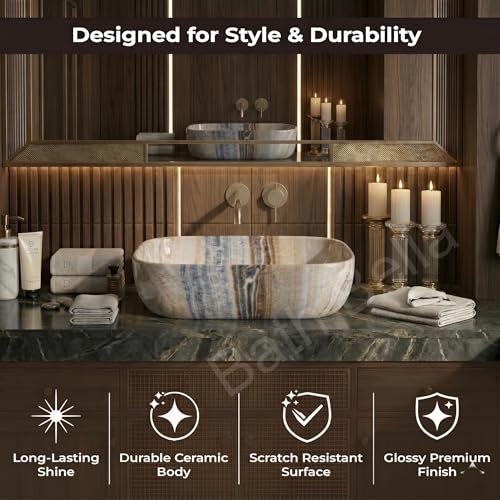 Image of Designer Ceramic Wash Basin For Bathroom | Over Counter Bathroom Basin | Counter Top Bathroom Sink | Wash Basin For Restaurant, Hotel (18 x13 x 5 Inch) (Brown Grey)
