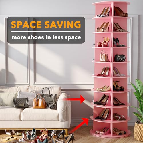 SpaceAid 9 Tier Rotating Shoe Rack Tower, Spinning Shoe Display Lazy Susan, Revolving 360 Shoe Rack Storage Round Carousel, Vertical Handbag Rotate Shoes Closet Organization (9-Tier Pink)