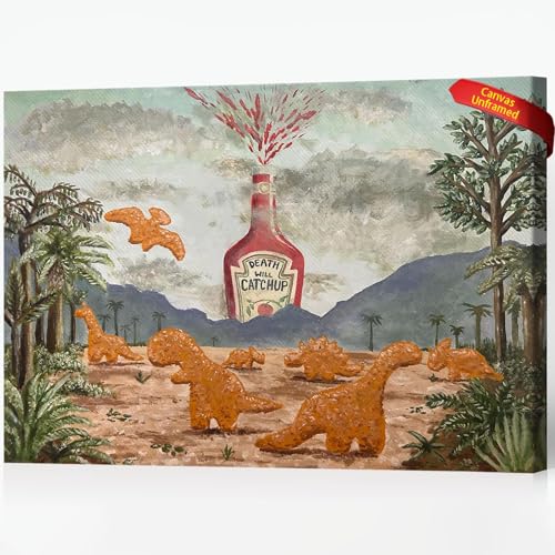 Funny Nuggets Cookies Painting Wall Art ，Dinosaur Nuggets Volcano Eruption Canvas Print ，Vintage Wall Decor For Home Bedroom Living Room 16X24 in Unframed