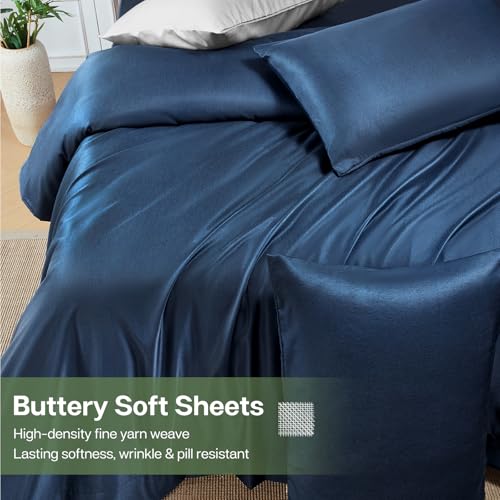 MR&HM Twin Sheets Set, 3-Piece Cooling Sheets, Rayon Derived from Bamboo & Polyester Blend, Soft & Silky, 15" Deep Pockets with Elastic Straps, Hotel Luxury for Hot Sleepers, Navy Blue