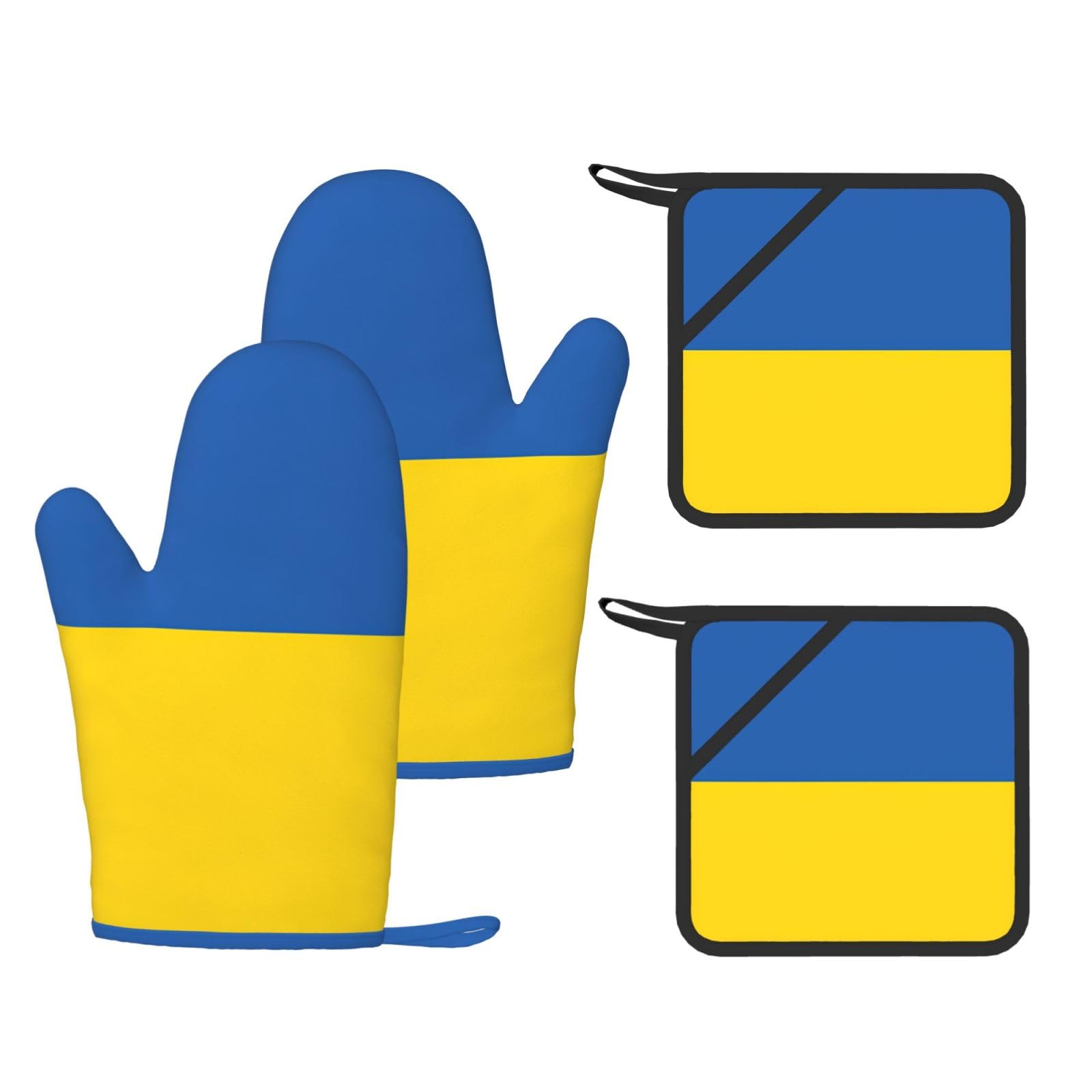 Flag of Ukraine Printed Kitchen Oven Gloves and Potholder 4 Pcs, Non-Slip Heat Resistant Mitts for Baking Chef