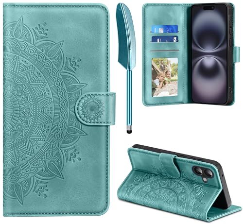 EASDNB Lederhülle für iPhone 16 Hülle Handyhülle für iPhone 16 Flip Wallet PU Leder Case [Kartenfach] [Magnet] [Ständer] Prägung Klapphülle Schutzhülle für iPhone 16 6.1 Zoll Grün