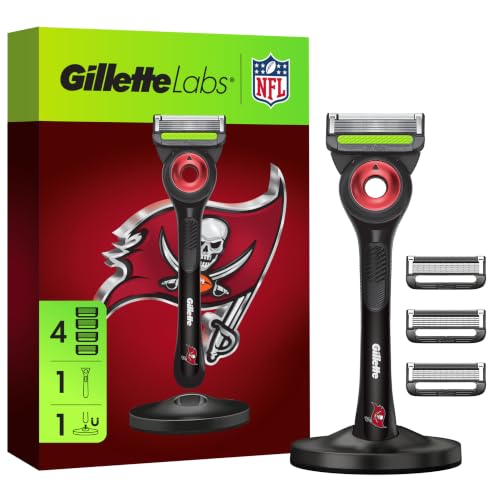 Gillette Labs Official Buccaneers Licensed Razor for Men, 1 Handle, 4 Blade Refills, with Magnetic Stand, Perfect for Game Day Grooming, Gillette Labs with Exfoliating Bar