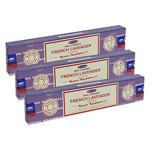 Satya Nag Champa French Lavender Incense Sticks Pack of 3 Boxes 15gms Each Hand Rolled Agarbatti Fine Quality Incense Sticks for Purification, Relaxation, Positivity, Yoga, Meditation