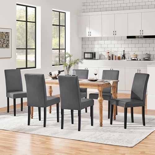 Image of Yaheetech Dining Chairs Set of 6 Faux Leather Modern Dining Room Chairs with Rubberwood Legs and Padded Seat for Kitchen /Living Room /Restaurant, Dark Gray