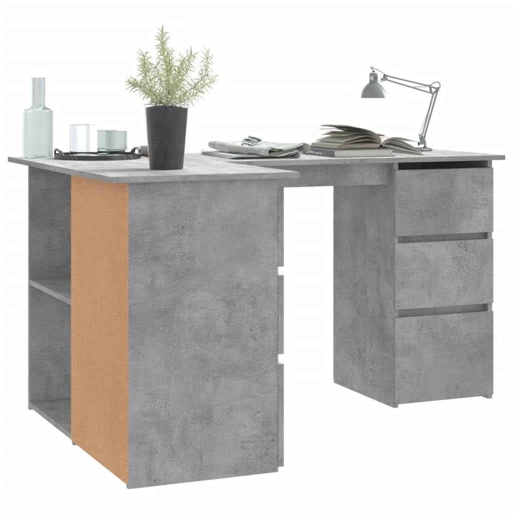 Scrivania angolare in legno grigio cemento, 145 x 100 x 76 cm, con 4 cassetti e spazio portaoggetti, scrivania per computer salvaspazio per ufficio, casa, studio e gaming