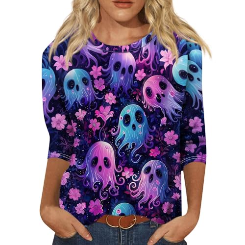 Cute Funny Halloween Shirts for Women Plus Size 3/4 Length Long Sleeve Womens Tops Witch Gothic Renaissance Shirt