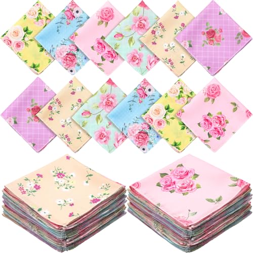 Image of SmoothNovelty 36 Pcs Cloth Napkins for Women Vintage Ladies Floral Handkerchiefs 6 Designs Tea Party Favors, 11 x 11 Inches Plants Floral Square Handkerchiefs for Weddings Tea Party Supplies