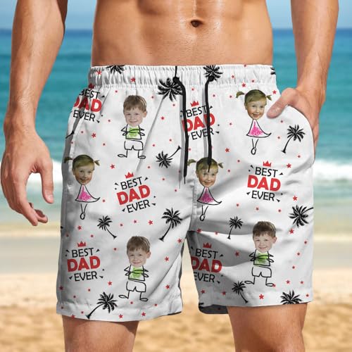 Custom Photo Best Dad Ever Coconut Palm Beach Short Upload Photo With Pattern Men's Beach Short 3D Printed Beach Board Shorts with Pockets Cool Mesh Lining, Personalized Kid's Face Beach Board Shorts2