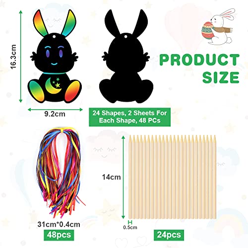 Vicloon Ostern Kratzbild Kinder, 48 Stück Hase Kratzpapier, Osterhasen Regenbogen Scratch Art DIY Dekoration für Ostern Party Mitgebsel (Oeuf)